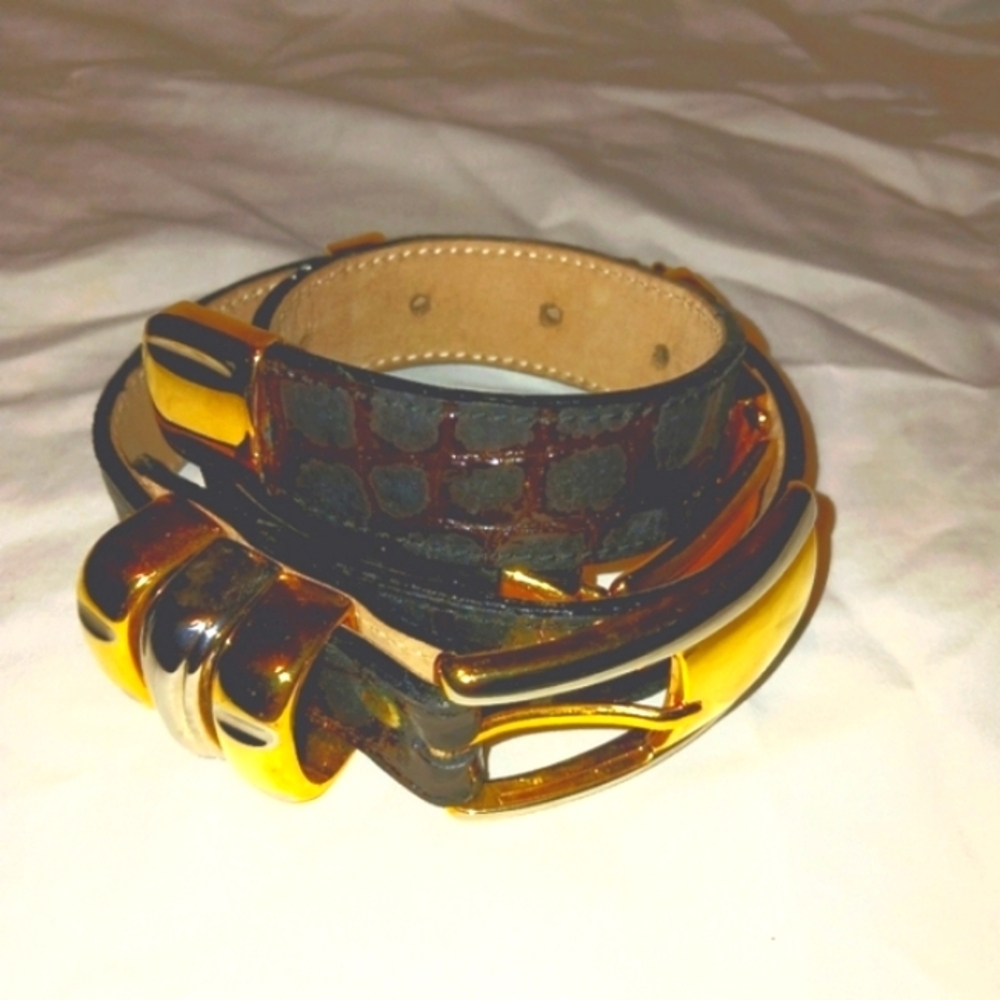 B.B. Simon Leather Croc Embossed  Vtg. BELT - Two Tone Ornate Buckle Spain 32
